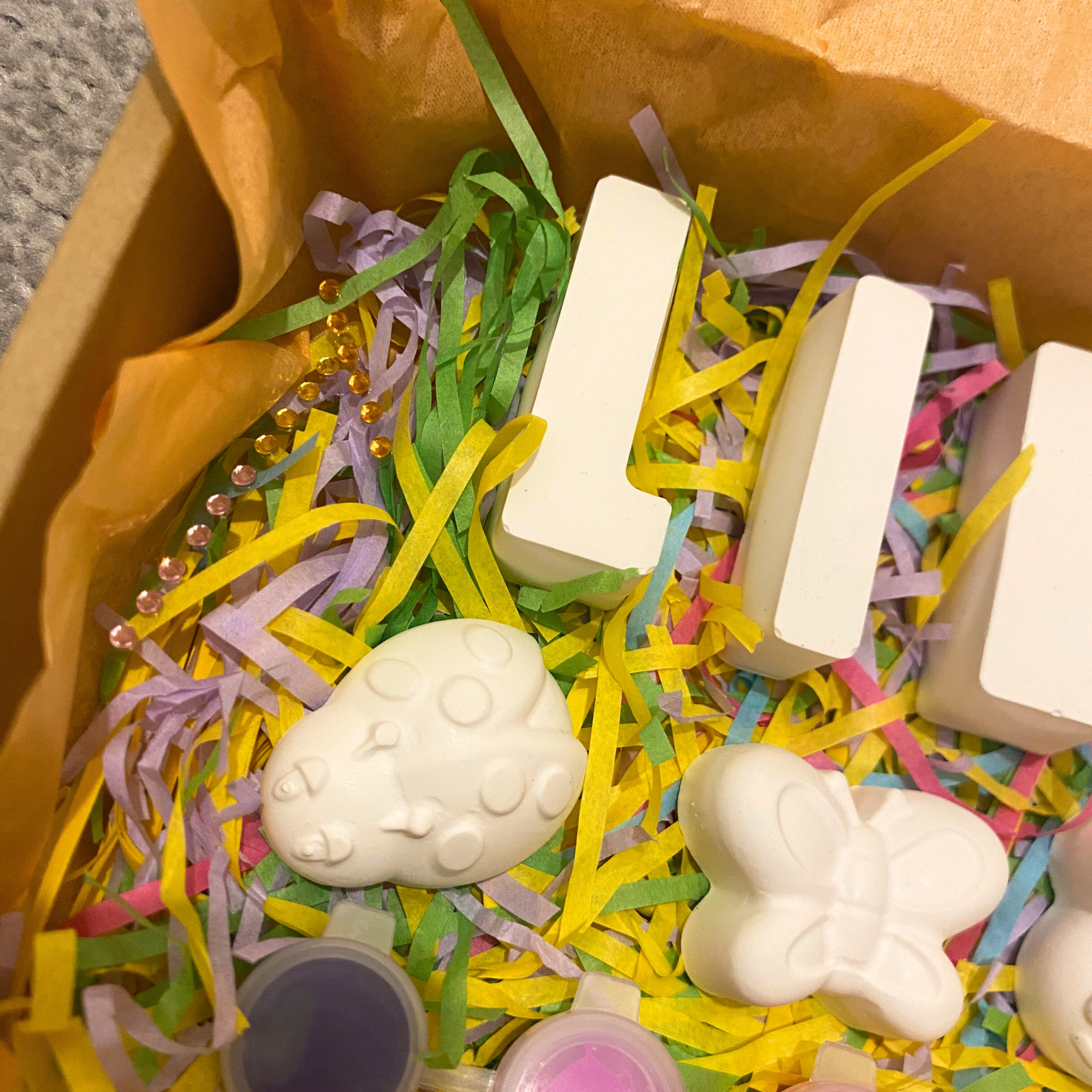 Close-up of painted bee and ladybird moulds from the Garden Friends paint kit