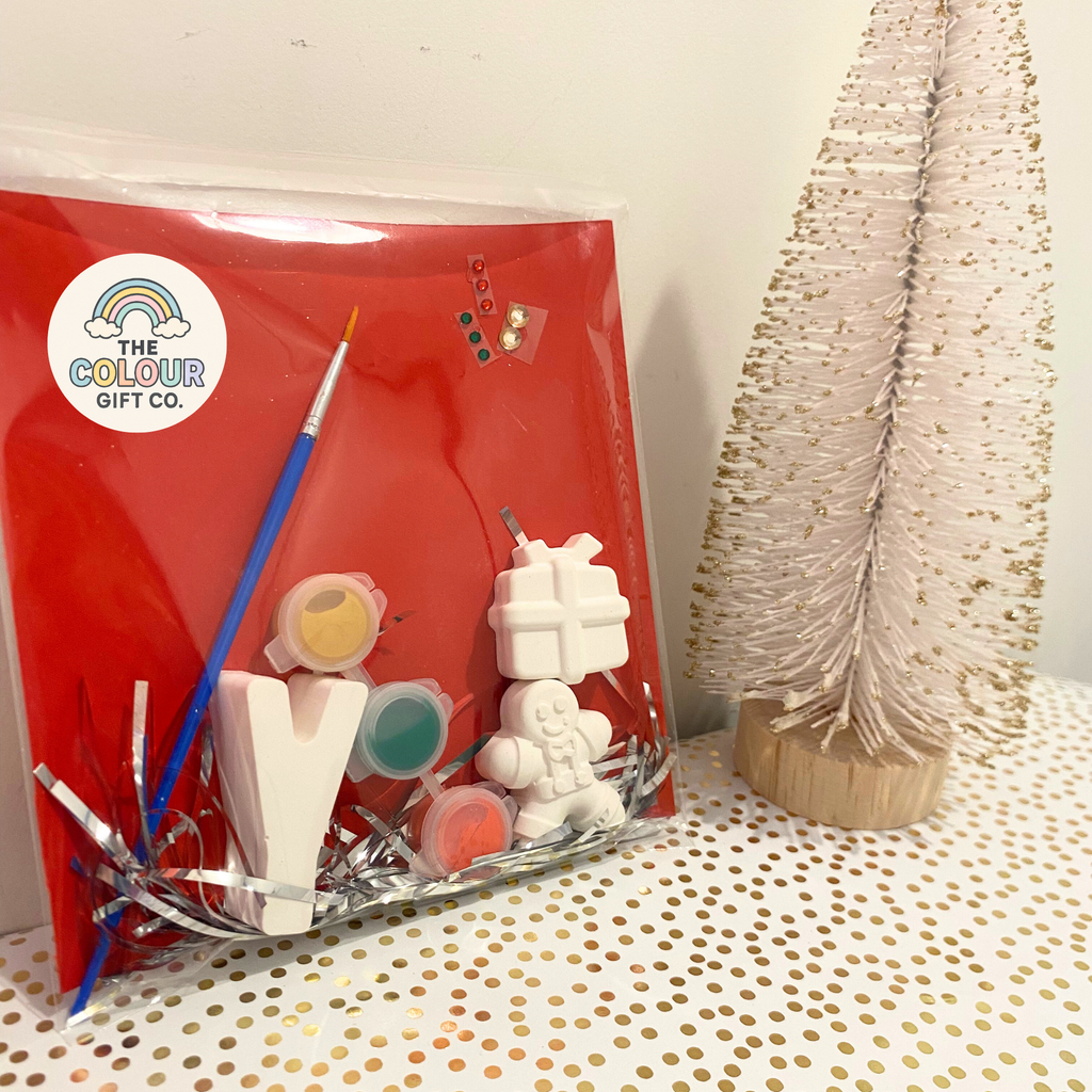 Personalised Christmas mini paint kit with gingerbread man and present plaster moulds, paints and brush