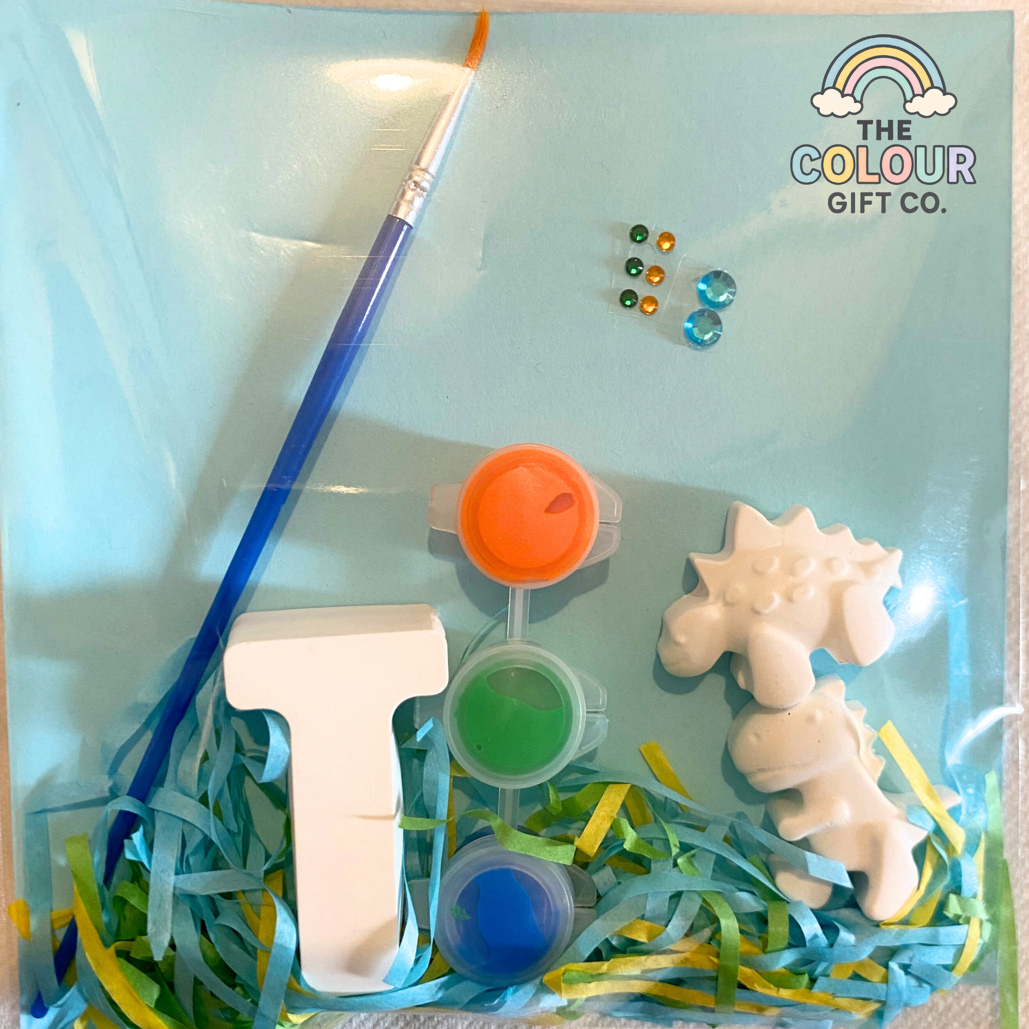 Mini personalised dinosaur paint craft kit with paint, brush, stickers, 