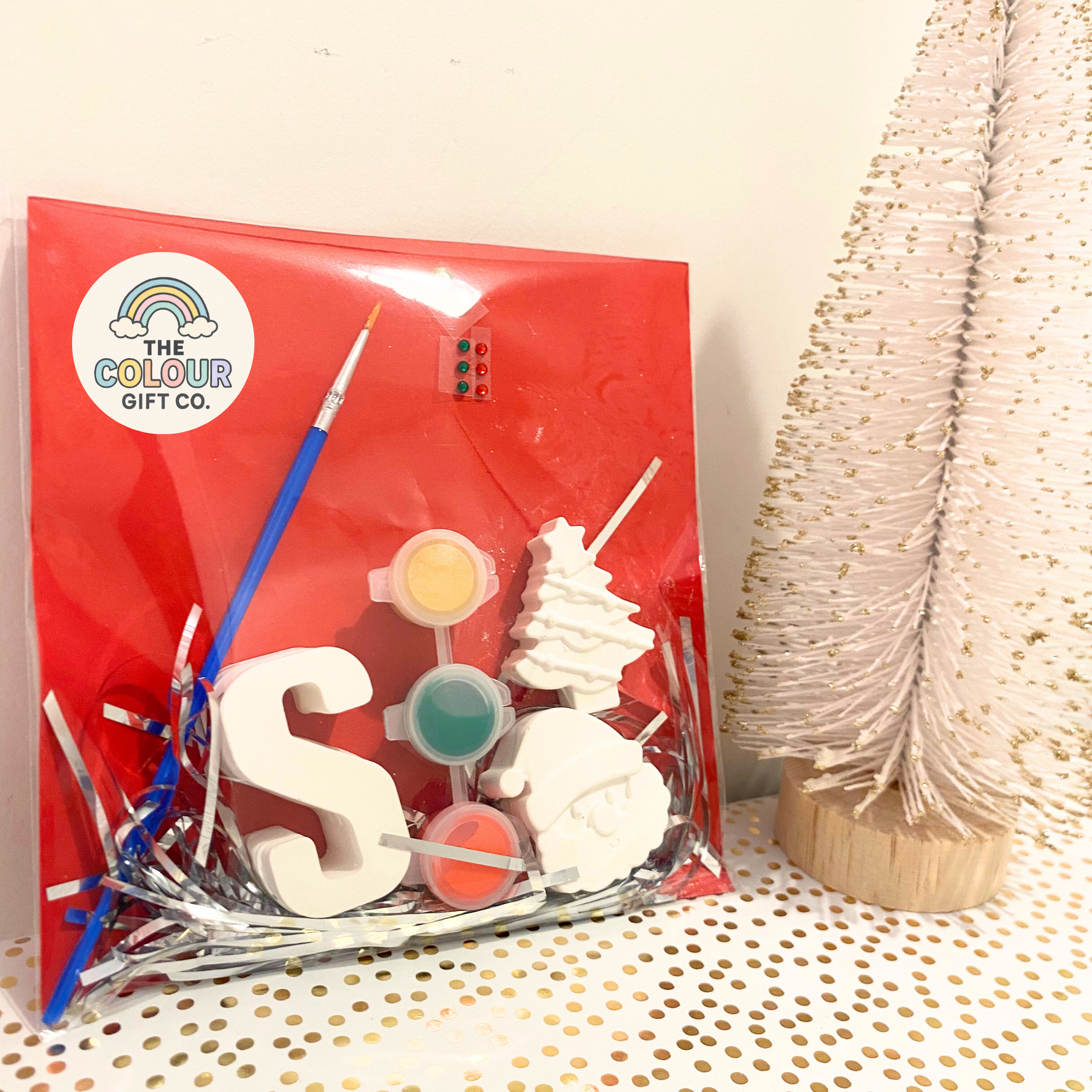 Personalised Christmas mini paint kit with Santa, tree and initial plaster moulds, paints and brush