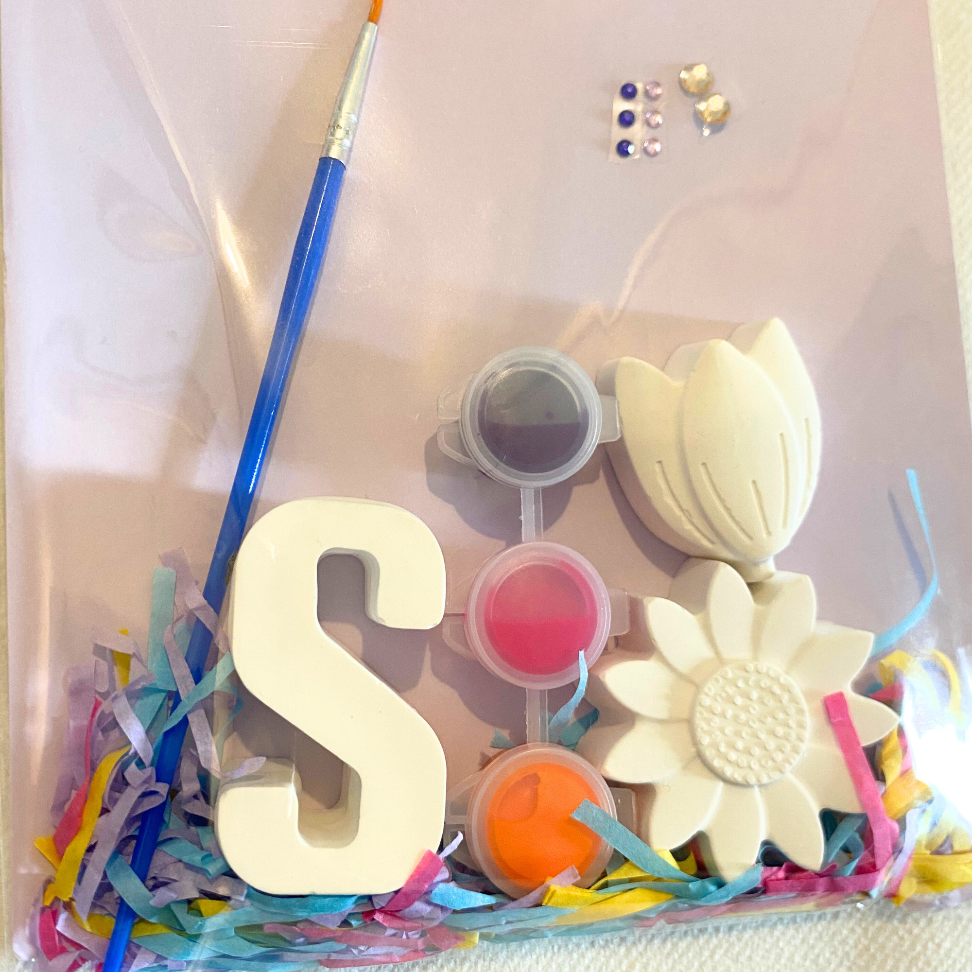 Personalised mini flower themed paint kit with paints, brush, stickers, initial and 2 themed moulds 