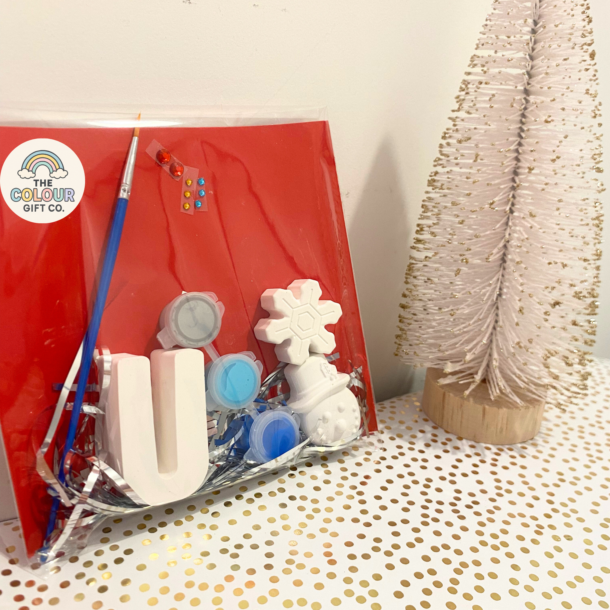 Personalised Christmas mini paint kit with snowman and snowflake plaster moulds, paints stickers and brush